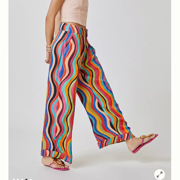 Farm Rio Anthropologie Colorful Wave Pattern Women's Wide Leg Pants Med Petite - Picture 2 of 11